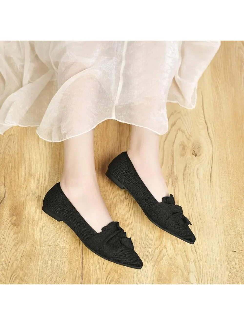 Women's Black Pointed Toe Ballet Flats with Bow Comfortable Knit Dressy Shoes